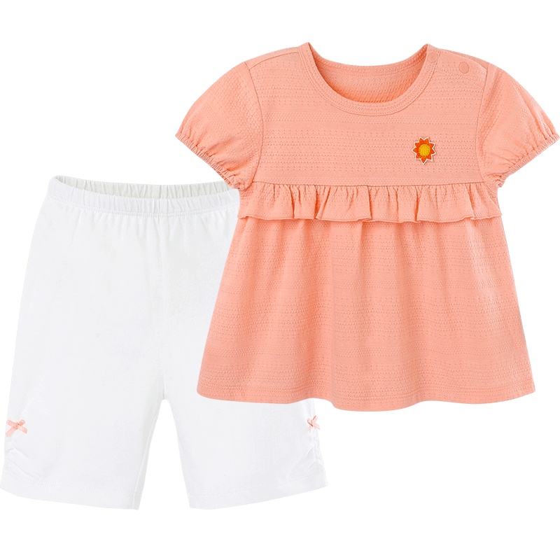 英氏儿童套装女宝宝针织圆领短袖上衣裤子套装 2021春夏新款