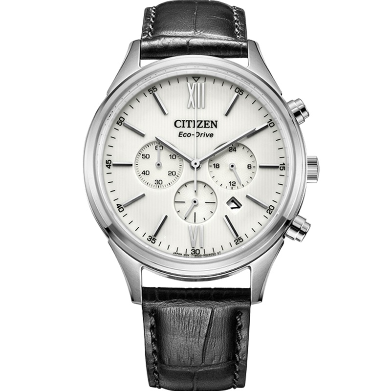 西铁城(CITIZEN)光动能黑色皮带三眼表盘防水休闲时尚男表CA4410-17A