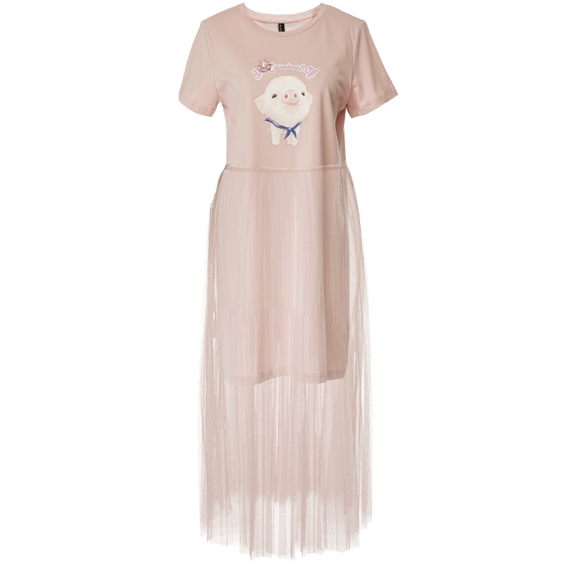 欧昵雪夏季猪猪印花圆领短袖T恤女纱半身裙两件套套装