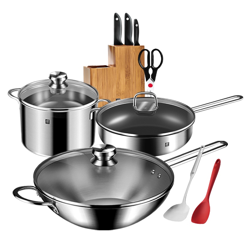 双立人(ZWILLING)Nova系列30cm中式炒锅套装不锈钢炒菜锅不粘煎炒牛排锅汤锅奶锅切菜刀蔬果刀剪刀组合