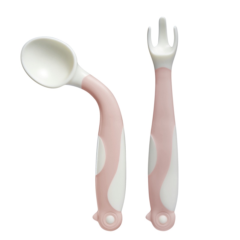 aag宝宝学吃饭训练勺子 辅食弯头叉勺套装一岁可弯曲儿童婴儿餐具暮粉