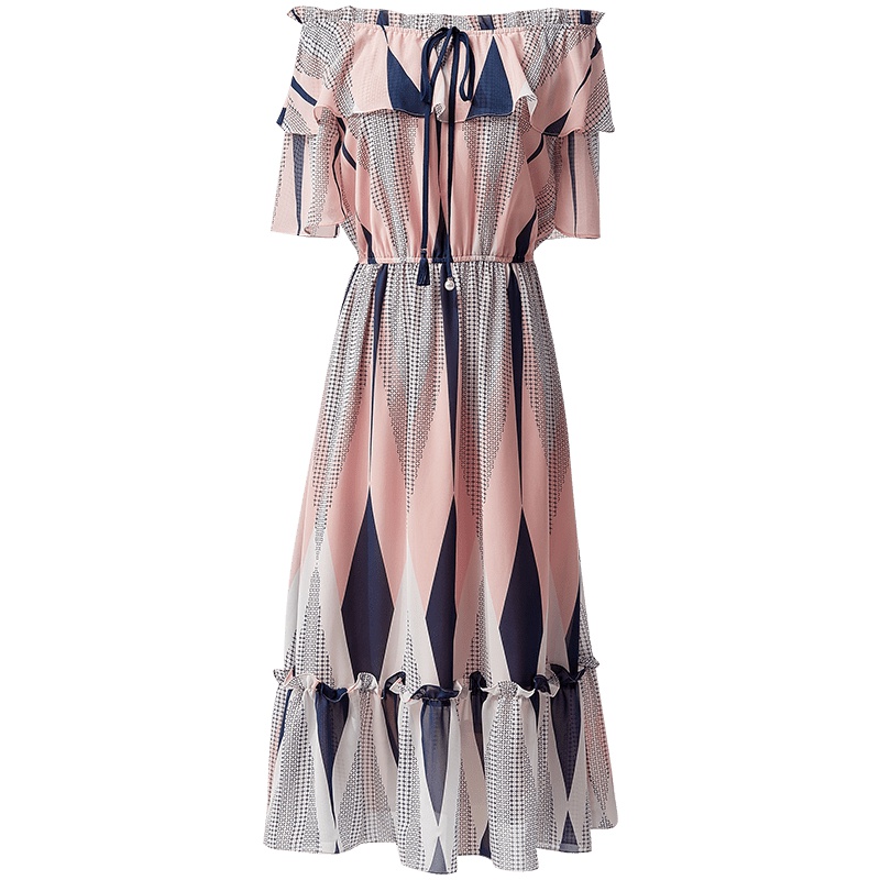 欧昵雪夏季木耳边一字领荷叶边短袖高腰花色雪纺连衣裙女