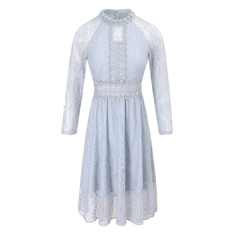 帝紫规秋季新款品牌女装镂空钩花圆领九分袖镂空a字裙淑女显瘦蕾丝连衣裙