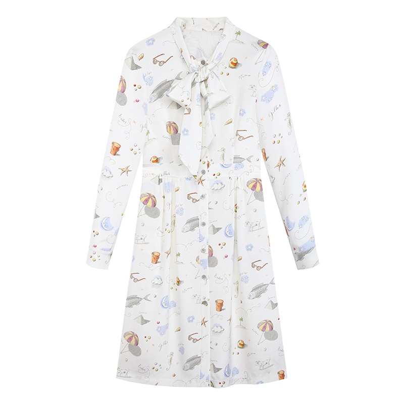 ERDOS 春夏Letan插画印花前领飘带单排扣收腰长袖真丝衬衫连衣裙