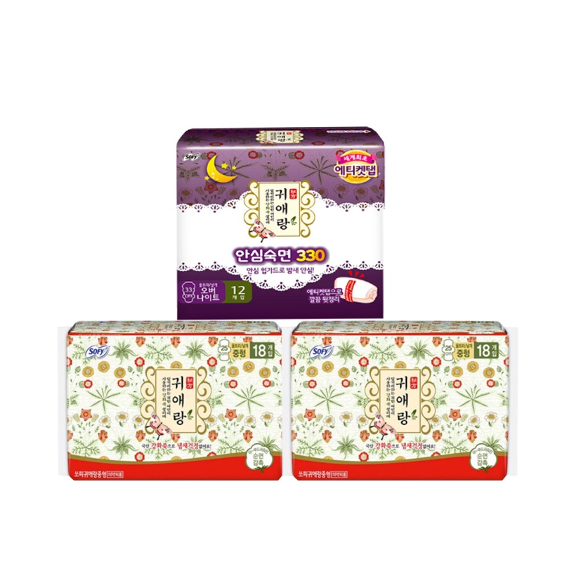 贵爱娘(贵艾朗)艾草系列卫生巾日夜用棉柔卫生巾组合25cm 36片+夜用330mm12片(韩国原装进口)