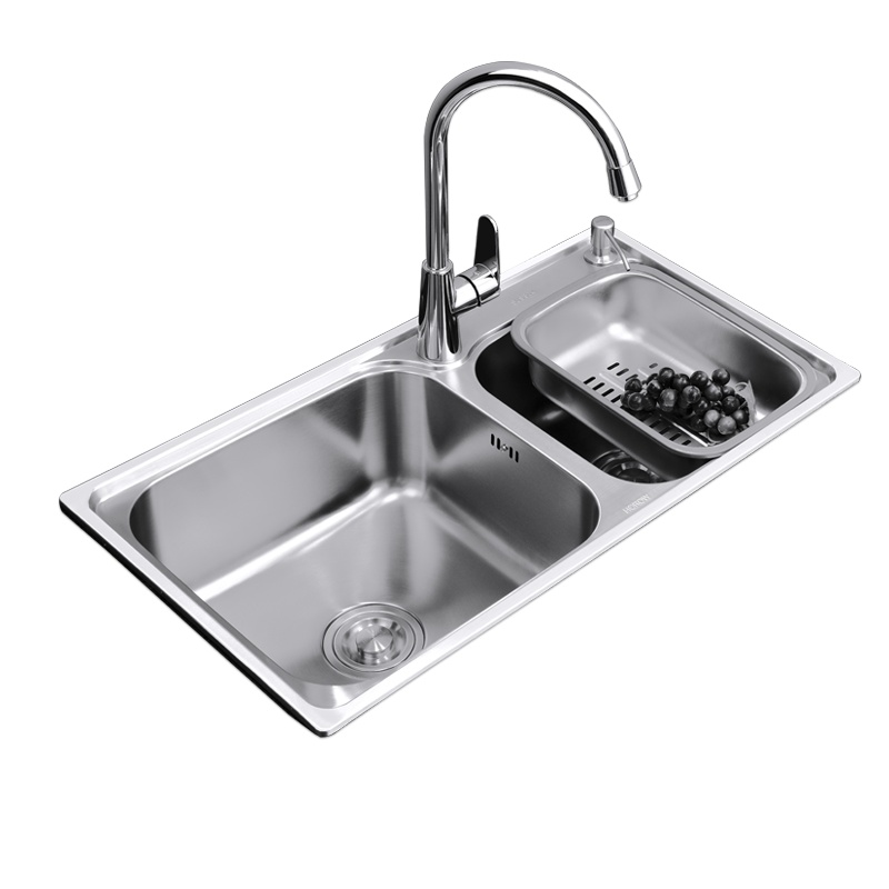 HOROW希箭卫浴厨房水槽套餐304不锈钢拉丝双槽洗菜盆水池洗碗盆水盆配全铜体龙头