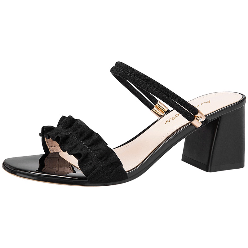 阿么高跟一字带荷叶边甜美女鞋夏季露趾粗跟凉拖鞋两穿百搭凉鞋女