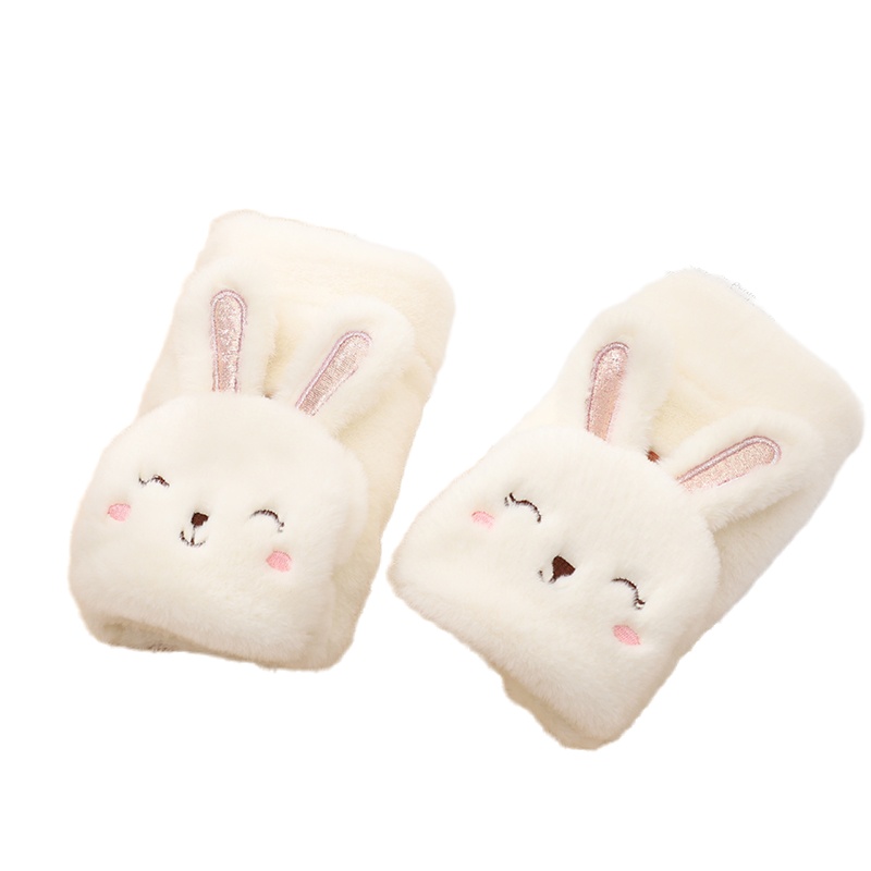 南极人手套女冬季可爱卡通加绒半指冬天时尚学生翻盖写字办公室小兔子手套N2E9X970752 白色