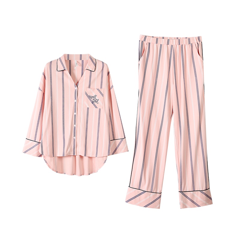 安之伴秋季情侣睡衣韩版简约开衫女棉质长袖家居服男条纹两件套装