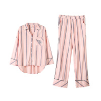 安之伴秋季情侣睡衣韩版简约开衫女棉质长袖家居服男条纹两件套装