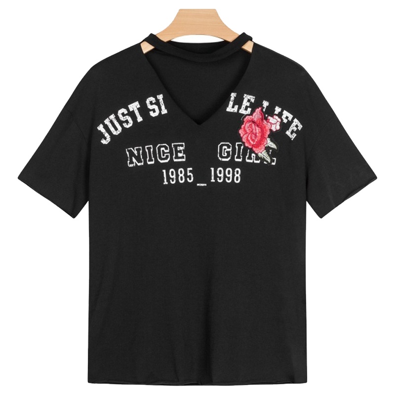 拉夏贝尔V领挂脖短袖T恤女装夏新款休闲chic欧洲站显瘦刺绣上衣 驼色 S