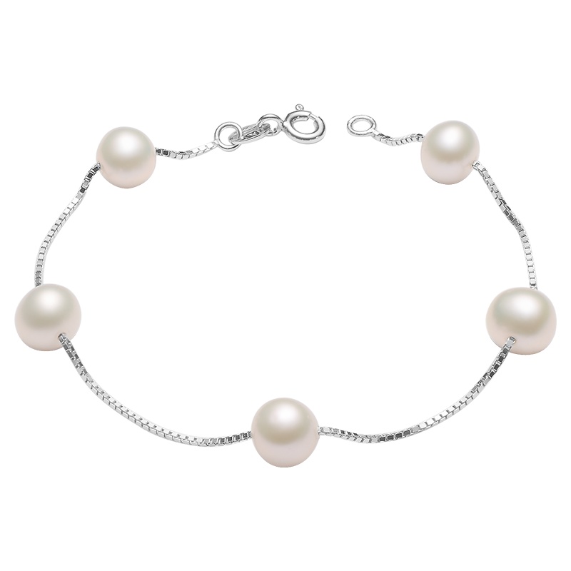 京润珍珠遇见 7-8mm近圆S925银镶白/粉淡水珍珠手链珠宝宠自己送妈妈