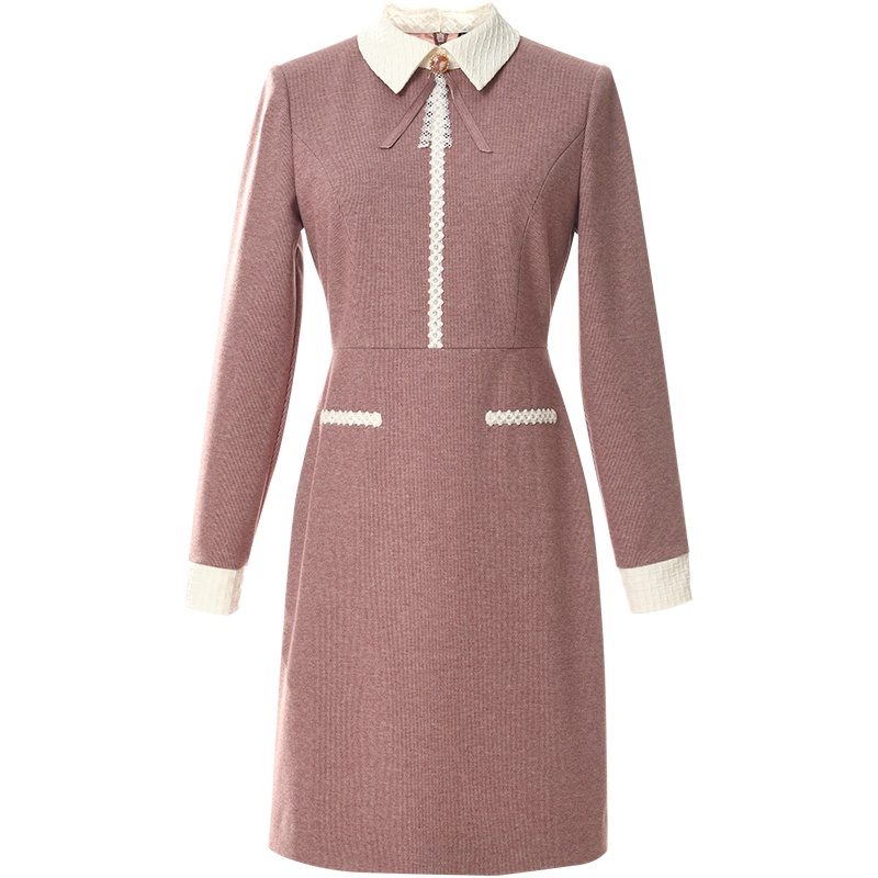 欧昵雪秋冬装小香风Polo领收腰毛呢连衣裙女保暖打底A字裙