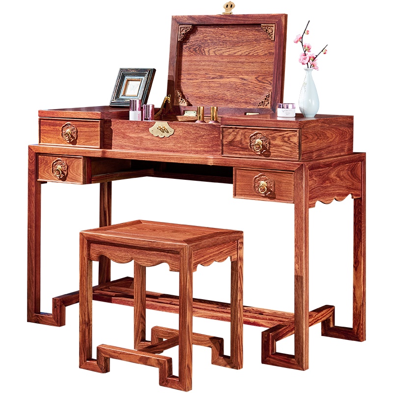 周家庄 红木家具非洲花梨(学名:刺猬紫檀)化妆台实木化妆台梳妆台妆凳新中式翻盖化妆桌 翻盖梳妆台 两件套