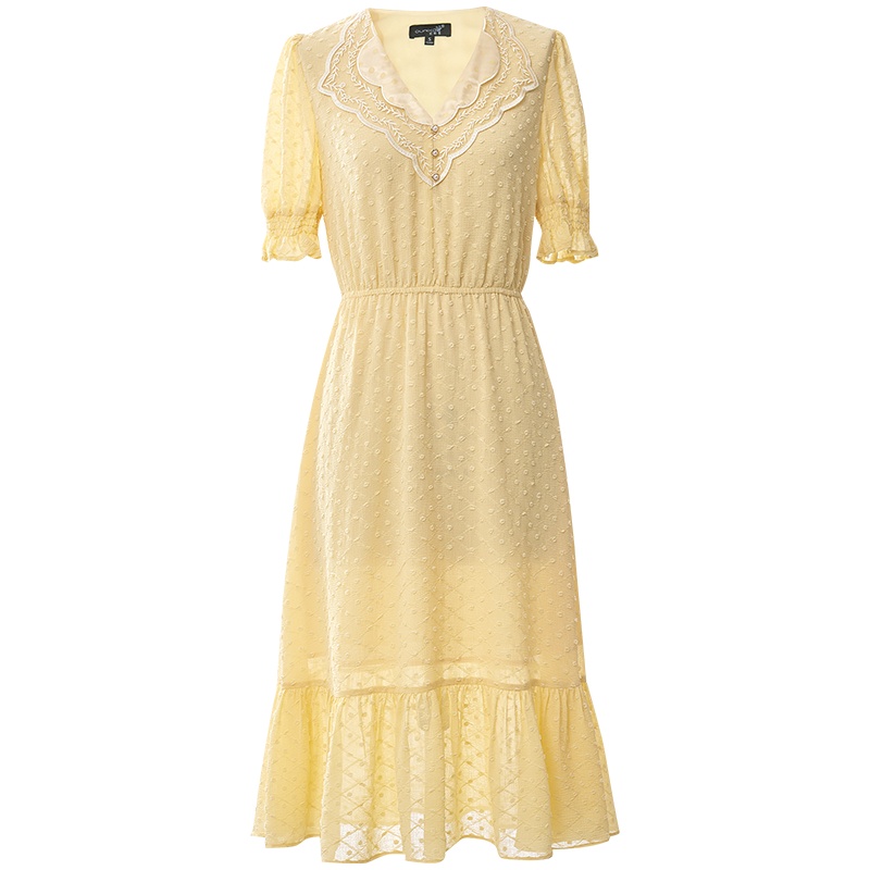 欧昵雪夏装气质V领收腰菱形雪纺连衣裙女桔梗荷叶边中裙