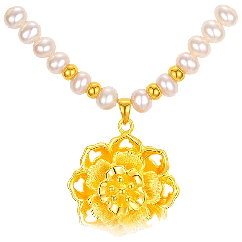 佐喜佑福 黄金吊坠女款花朵项链3D硬金颈上添花珍珠套链送妈妈送爱人天然珍珠 金重约3.8g CLCYYF1020CE