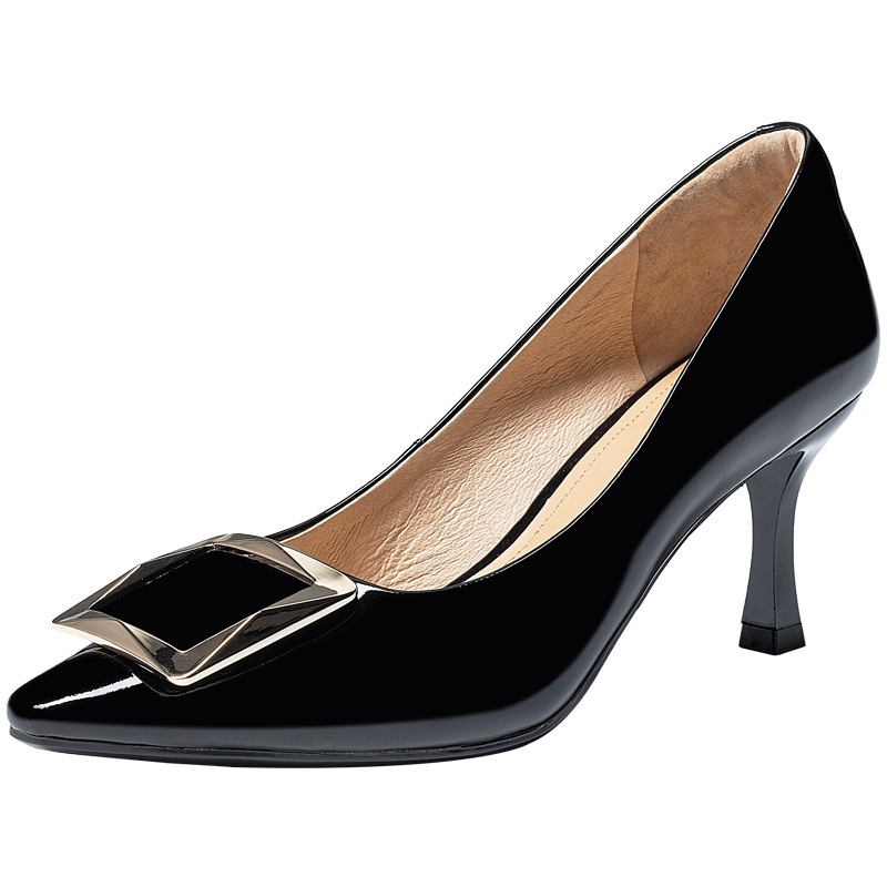 百田森秋季新款红色漆皮靓丽婚宴鞋细跟高跟时尚方扣尖头单鞋