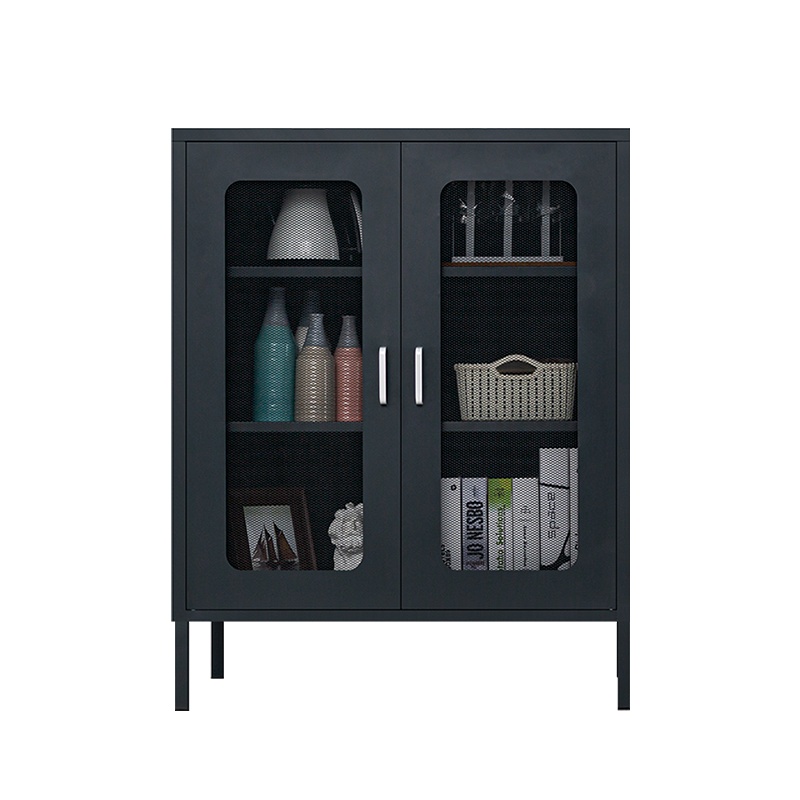 星岛家用钢制餐边柜北欧简约客厅储物柜卧室置物收纳柜矮柜铁皮高脚柜黑色网门款