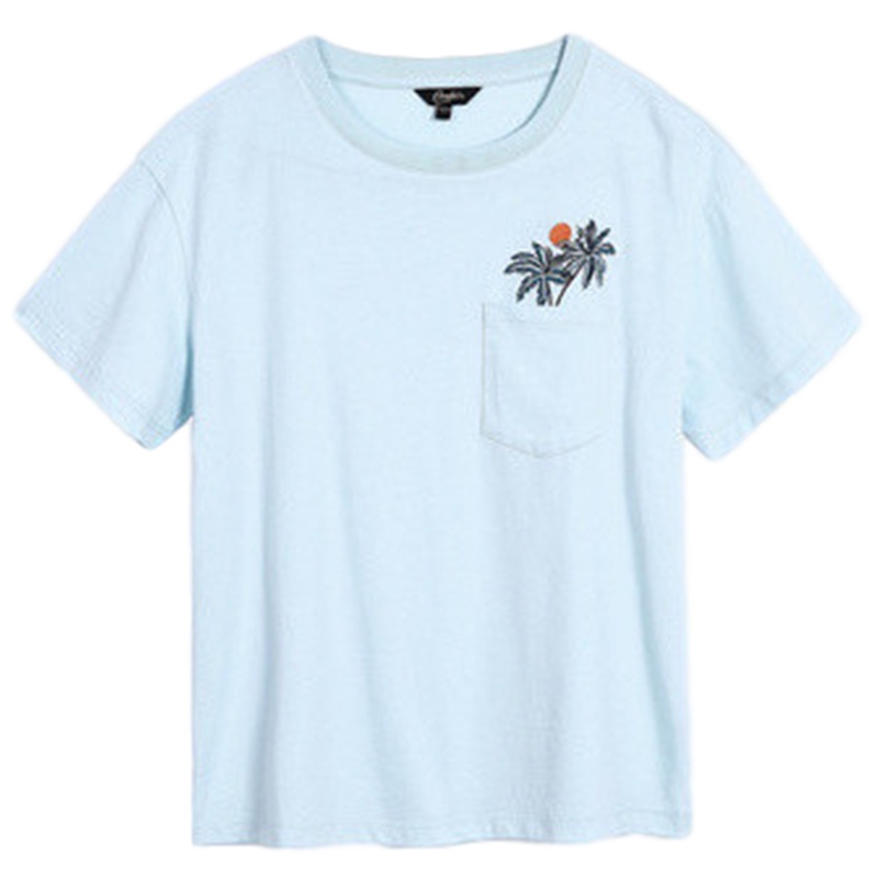 拉夏贝尔新款女装夏季植物图案口袋短袖打底衫宽松学生上衣T恤