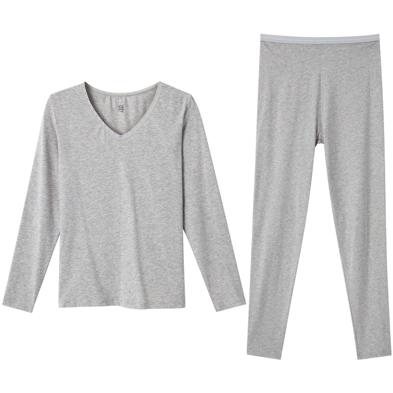 爱帝秋冬女士秋衣秋裤蕾丝花边V领基础薄款花纱保暖打底内衣套装