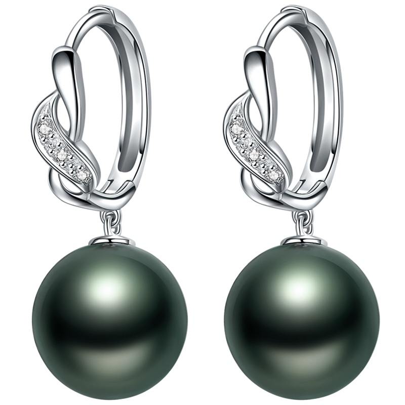 BRIR 10-11mm正圆大溪地黑珍珠耳环18K金镶钻石海水珍珠耳饰女