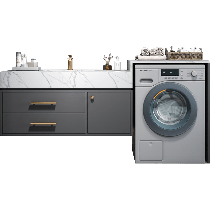 定制轻奢岩板阳台一体洗衣机柜组合它墅北欧智能卫生间洗漱池洗手洗脸盆柜_1.6M柜体镜柜大理石陶瓷盆