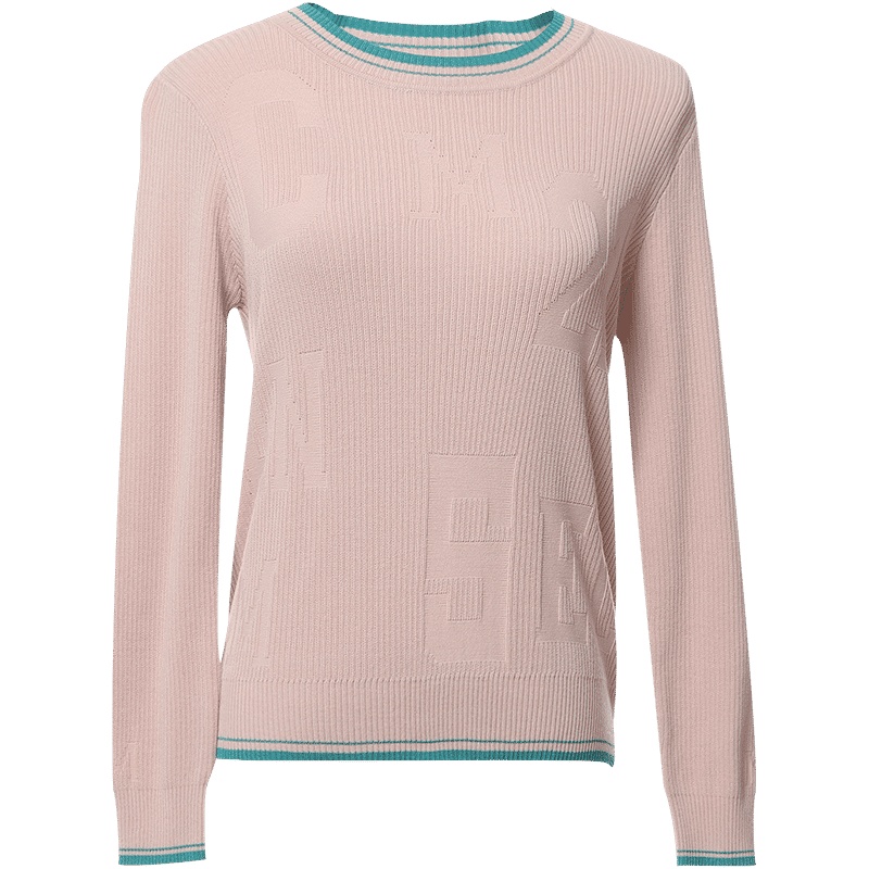 欧昵雪撞色圆领字母纹路修身长袖毛衣女打底针织衫