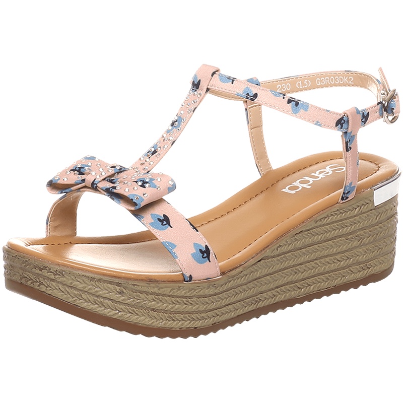 Senda/森达夏季专柜同款时尚甜美花布坡跟女高跟凉鞋G3R03BL7