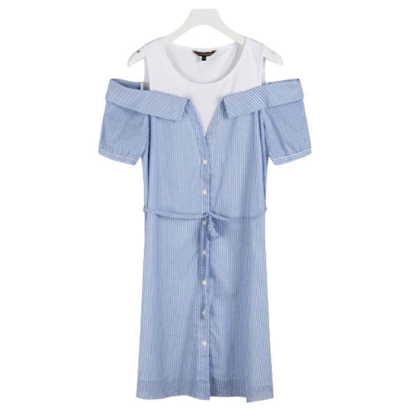 【专柜同款】拉夏贝尔夏季女式露肩吊带裙短袖潮流假两件连衣裙10016942 条纹混色 S