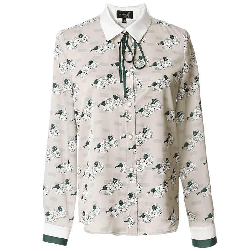 欧昵雪秋季韩版蝴蝶结系带衬衫女长袖卡通图案花衬衣