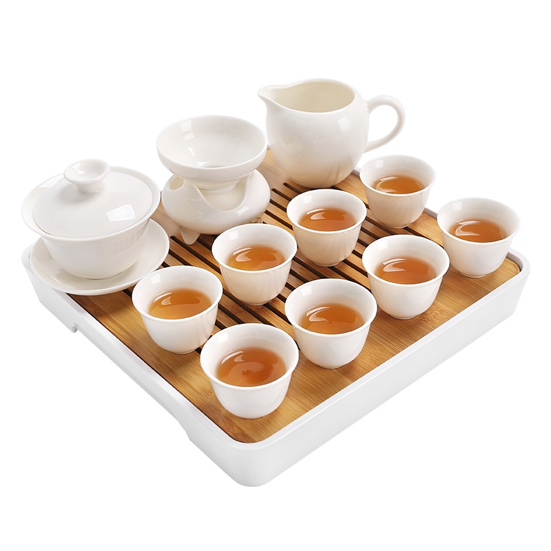 常生源 茶具套装 简约白瓷功夫茶具茶杯带竹面储水式茶盘 白瓷映雪干泡套组