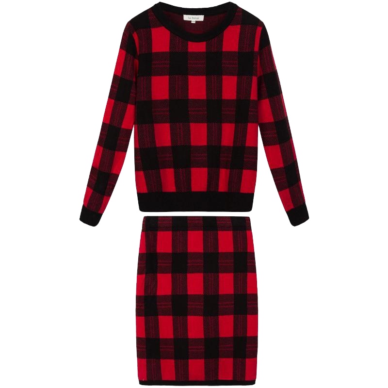拉贝缇时尚套装秋冬名媛气质红黑格子女包臀裙子两件套女60005655