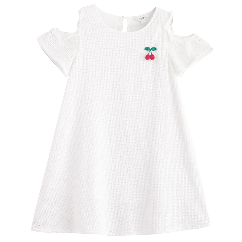 茵曼童装夏季纯棉露肩连衣裙中大童纯色儿童半袖裙裙子