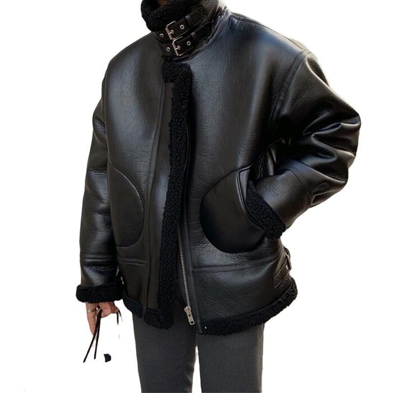 茜靓CHYLLIRN美式机车加厚咖啡色棉服冬季羊毛羔外套男加绒夹克冬装棉衣男