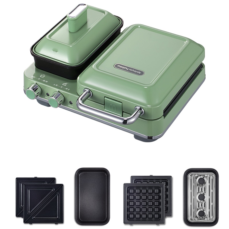 摩飞电器(MORPHY RICHARDS)多功能早餐机三明治轻食机小型家用华夫饼机吐司压烤机MR9086+蒸锅+华清新绿