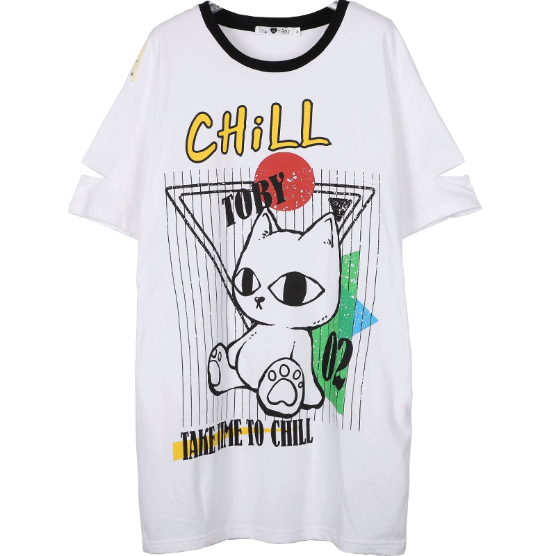 a02新款减龄少女破洞小黑印花宽松短袖T恤女DTU1B0121KT