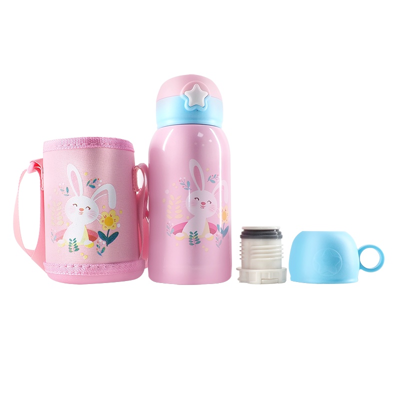 【一杯两用】贝斯比不锈钢儿童保温吸管水杯500ML 带喝水杯卡通吸管保温杯316内胆可爱婴童宝宝两用防摔水壶带保温套