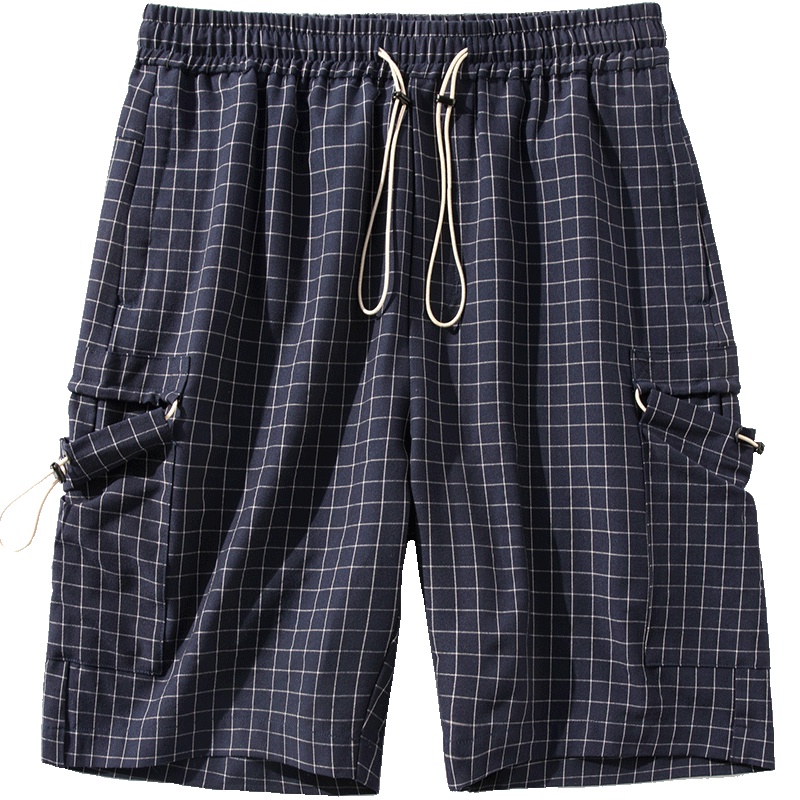 No1dara格子休闲短裤男夏天韩版潮流松紧系带五分裤青年沙滩裤子