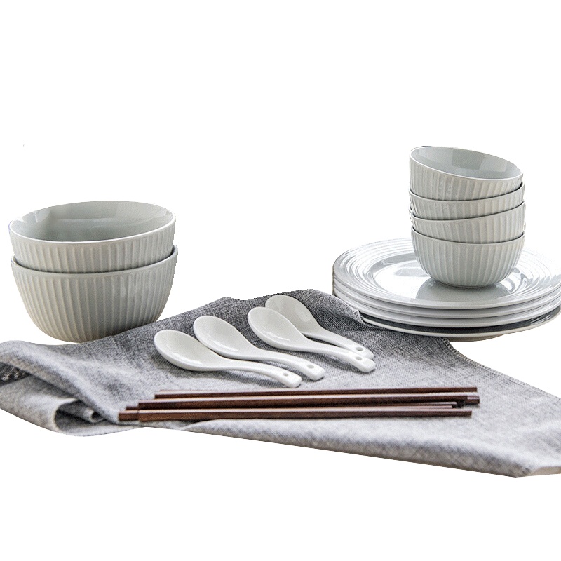 亿嘉欧式创意立体条纹设计家用餐具套装碗盘碟筷勺陶瓷套装罗马假日18件套