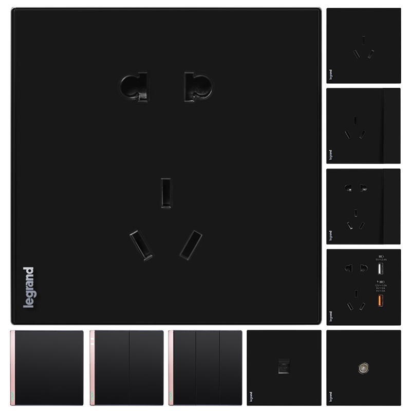罗格朗(Legrand)开关插座逸远玄武黑色家用86型带USB五孔二三插暗装16a空调插座面板多孔墙壁电源插座
