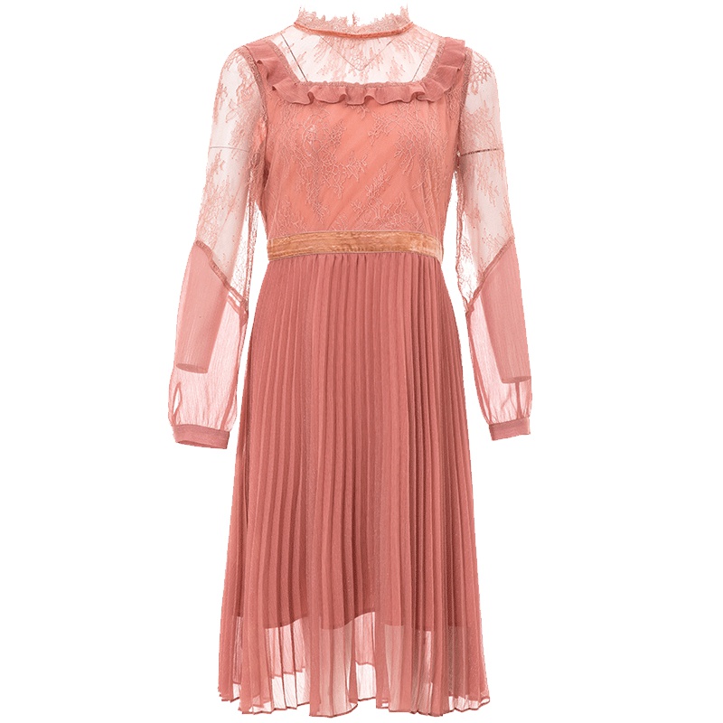 LIEDOW/蕾朵气质蕾丝连衣裙女宽松休闲公主裙粉红网纱百褶大摆裙