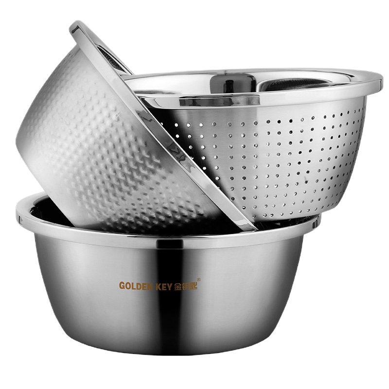 金钥匙(GOLDEN KEY)304不锈钢 菜盆味斗三件套多用调料盆(和面洗菜拌沙拉腌肉淘米)GK-T300B4