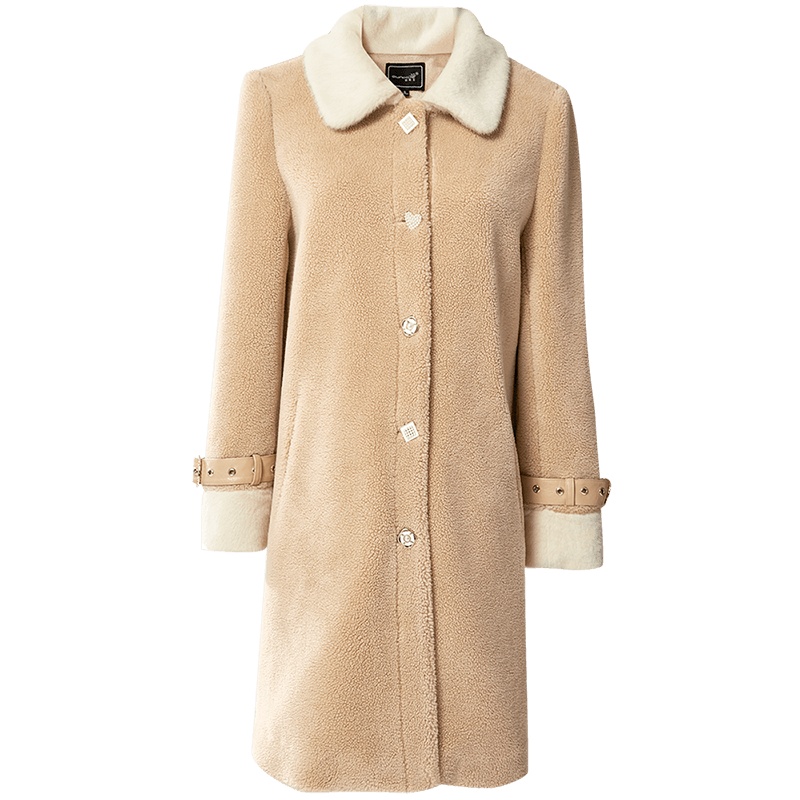 欧昵雪秋冬貂毛翻领皮毛一体毛绒颗粒绒皮草外套女中长款大衣