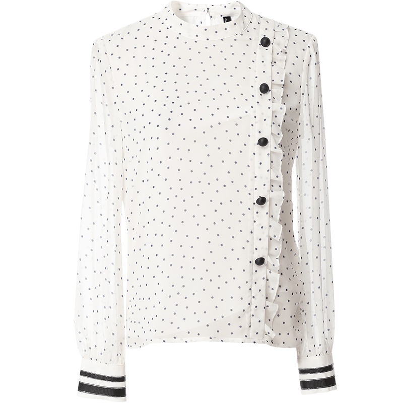 欧昵雪不规则木耳边纽扣圆立领套头波点衬衫女长袖上衣