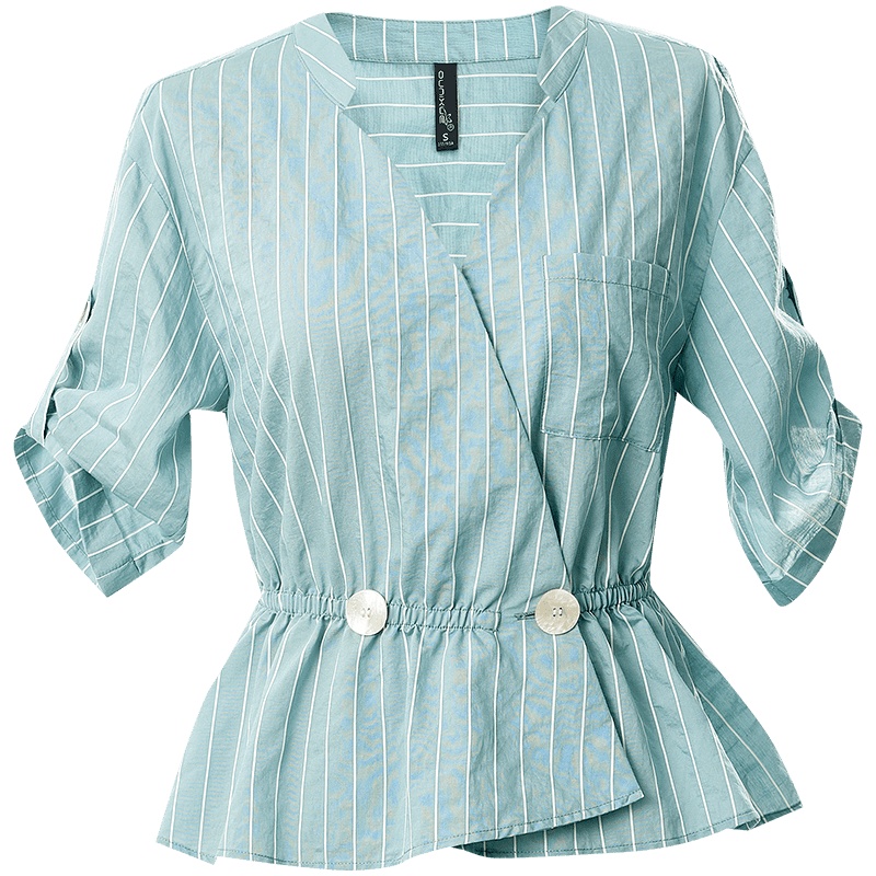欧昵雪夏季设计感小众半开领条纹衬衫女收腰短款显瘦上衣