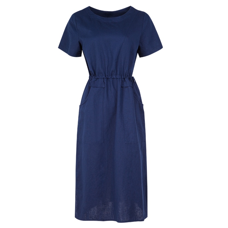 晩白 新品时尚休闲圆领系带收腰显瘦中长款侧开叉连衣裙