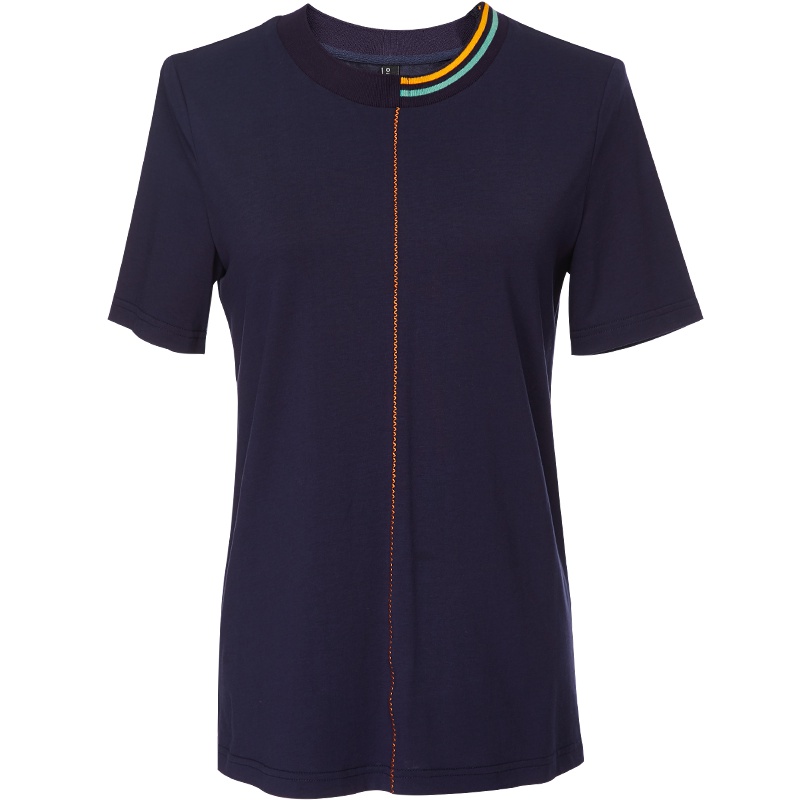 欧昵雪夏季韩版波浪线拼接条纹圆领T恤女短袖ins休闲上衣