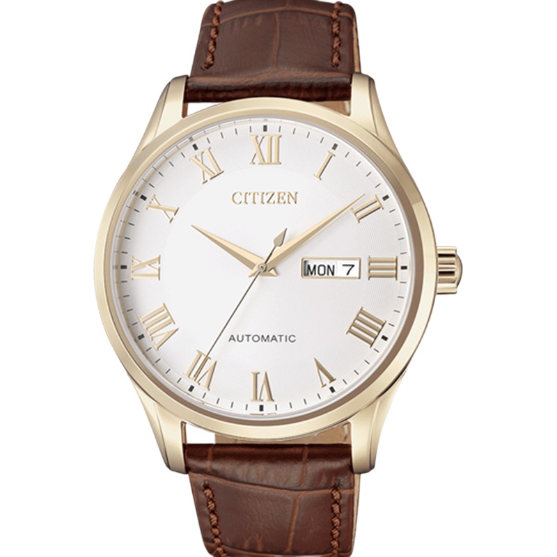 西铁城(CITIZEN)手表男日本自动机械小牛皮表带罗马字符表盘镂空简约防水时尚休闲星期日历显示NH8363-14AB