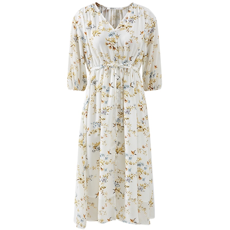 MECITY女装2020夏季新款花鸟印花雪纺中袖中长连衣裙