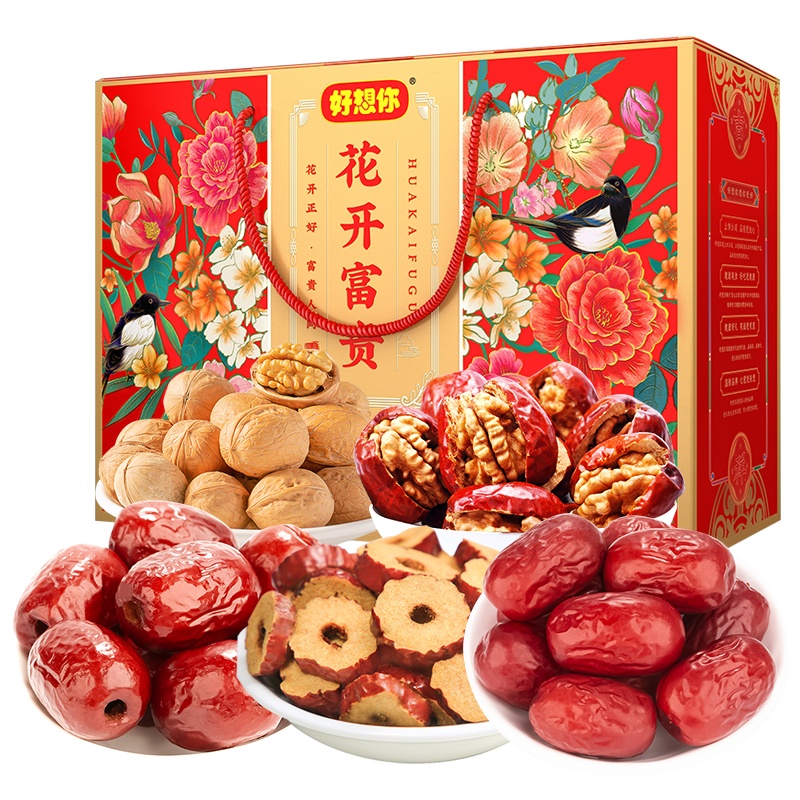 [好想你花开富贵1236g]红枣零食大礼包整箱红枣核桃礼盒送礼